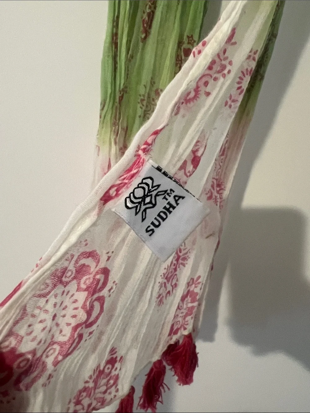 Sudha Purple, Green & White Ombre Scarf with Pink Tassels Beautiful!!
